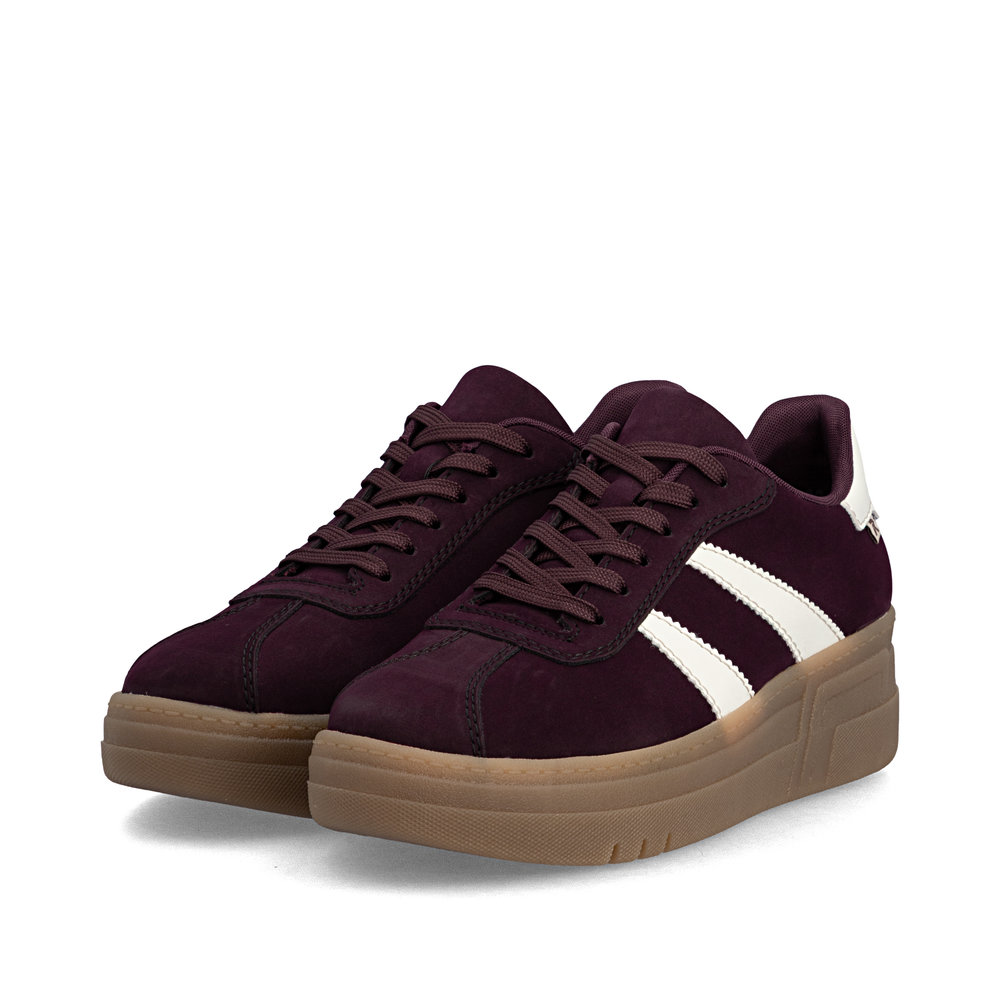 szczegóły RIEKER M7601-30 bordowe damskie sneakersy na platformie 3 cm, nowoczesne i wygod