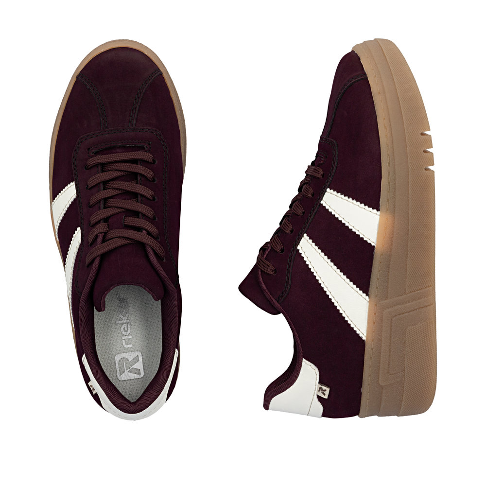 szczegóły RIEKER M7601-30 bordowe damskie sneakersy na platformie 3 cm, nowoczesne i wygod