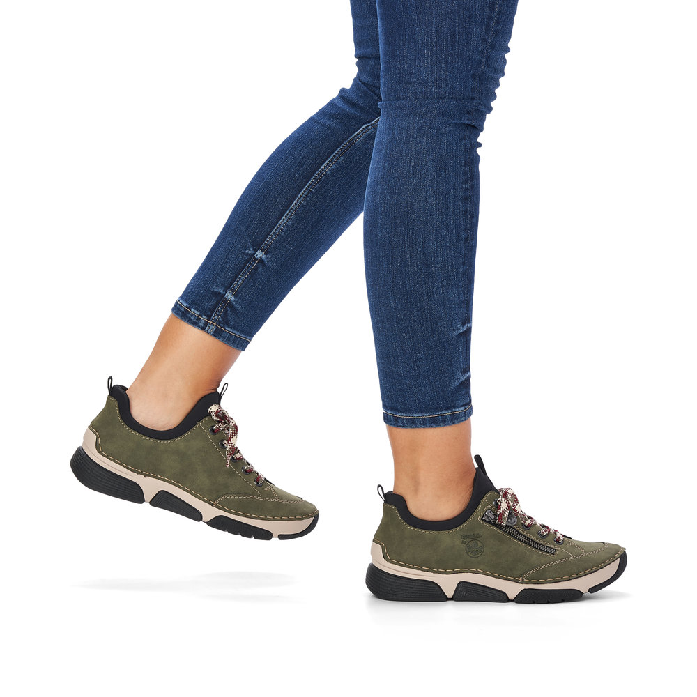 szczegóły RIEKER 45973-54 zielone damskie wygodne sneakersy, podeszwa Anti-Stress