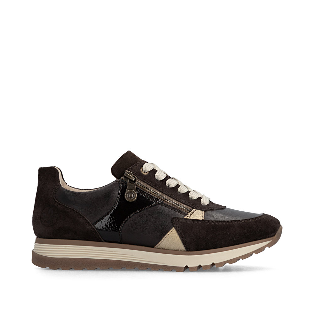 szczegóły RIEKER 49010-26 brązowe damskie skórzane sneakersy, wygodne i nowoczesne