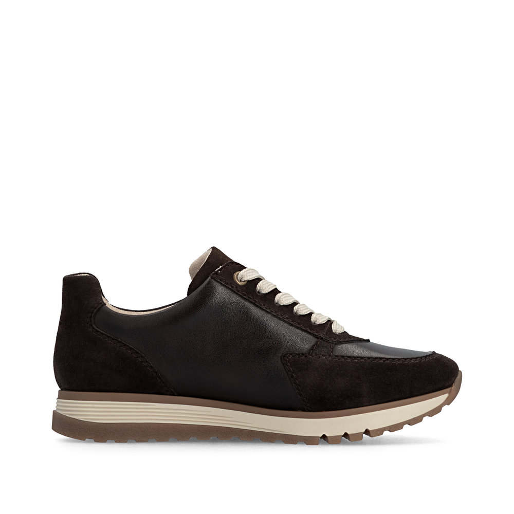 szczegóły RIEKER 49010-26 brązowe damskie skórzane sneakersy, wygodne i nowoczesne