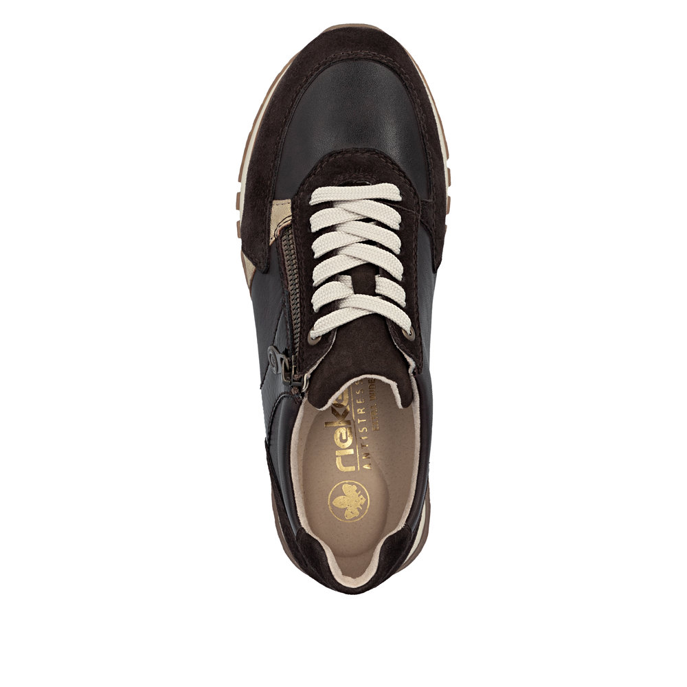 szczegóły RIEKER 49010-26 brązowe damskie skórzane sneakersy, wygodne i nowoczesne