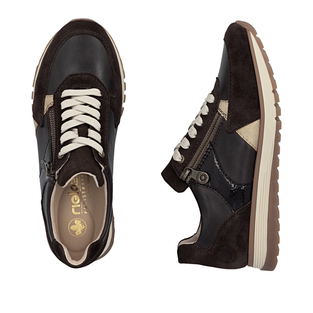 szczegóły RIEKER 49010-26 brązowe damskie skórzane sneakersy, wygodne i nowoczesne