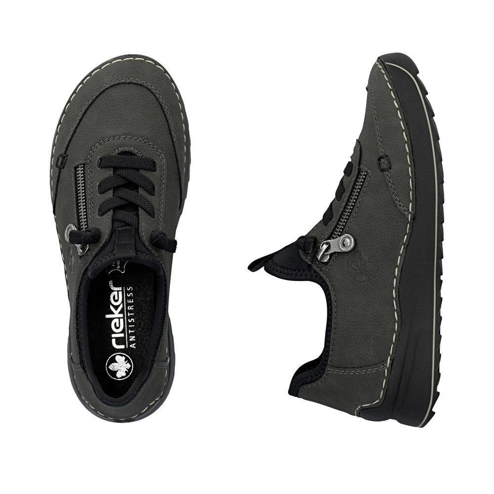 szczegóły RIEKER 51568-45 szare damskie półbuty, wygodna podeszwa Antistress