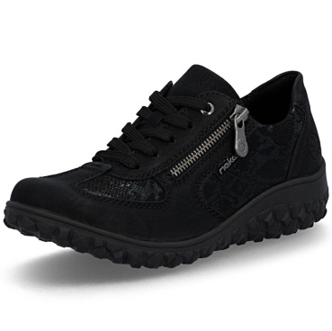 RIEKER 59501-00 czarne damskie nowoczesne i wygodne półbuty ze wzorem