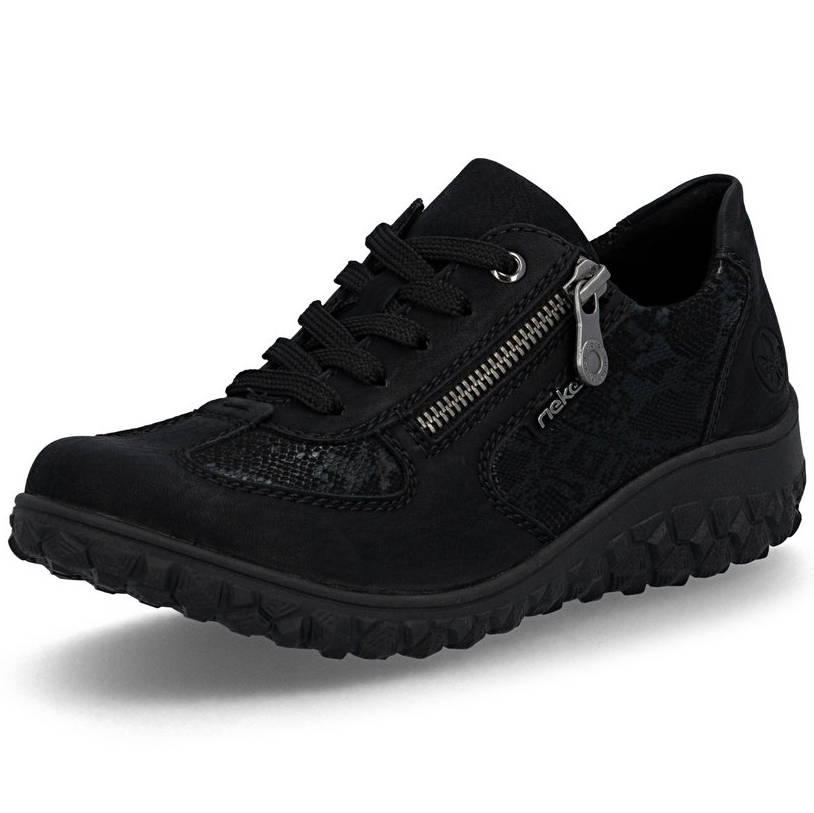 szczegóły RIEKER 59501-00 czarne damskie nowoczesne i wygodne półbuty ze wzorem