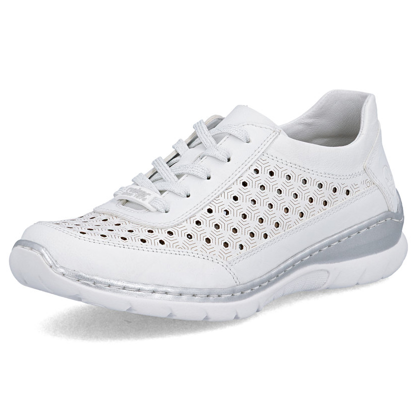 szczegóły RIEKER L3217-80 białe damskie skórzane sneakersy, przewiewne, podeszwa Antistres