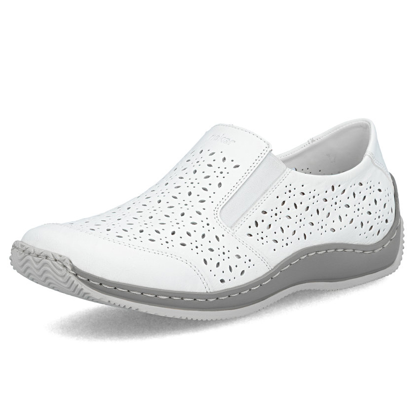 szczegóły RIEKER L1756-80 białe damskie półbuty, skóra naturalna, podeszwa Antistress