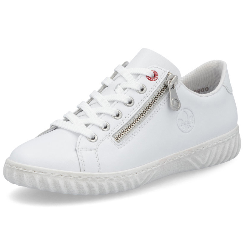 szczegóły RIEKER N0900-81 białe damskie skórzane sneakersy z technologią Antistress