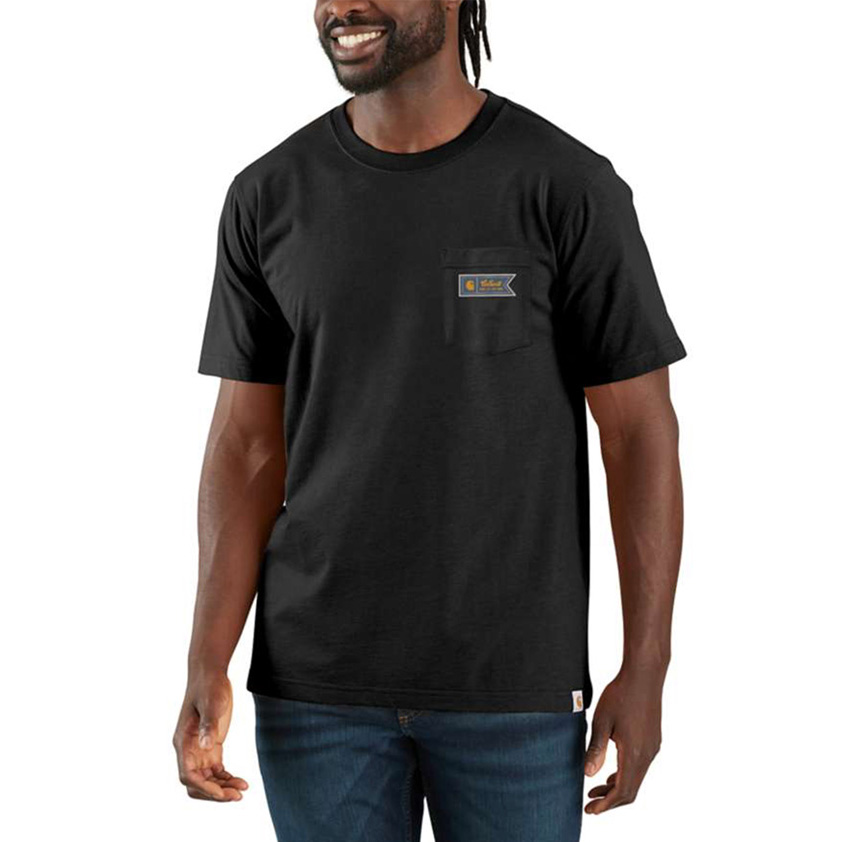 szczegóły CARHARTT Pocket czarny męski t shirt bawełniany, luźny nowoczesny krój, kultowa