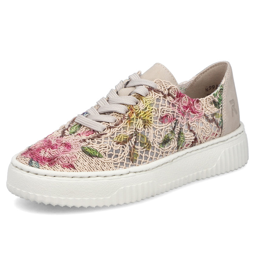 szczegóły RIEKER N9919-91 damskie beżowe modne sneakersy ze wzorem, oddychający materiał