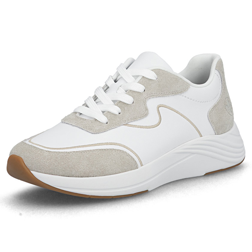 szczegóły RIEKER N8503-81 białe damskie nowoczesne skórzane sneakersy, podeszwa Antistress