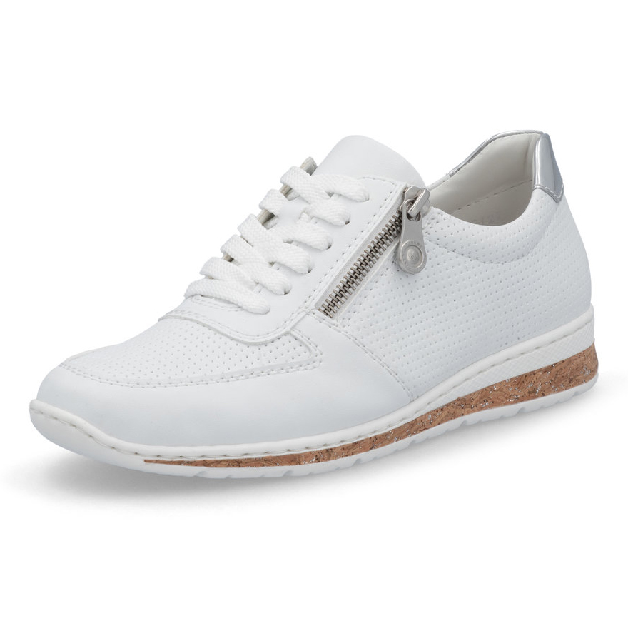 szczegóły RIEKER N5127-80 białe damskie nowoczesne skórzane sneakersy, podeszwa Antistress