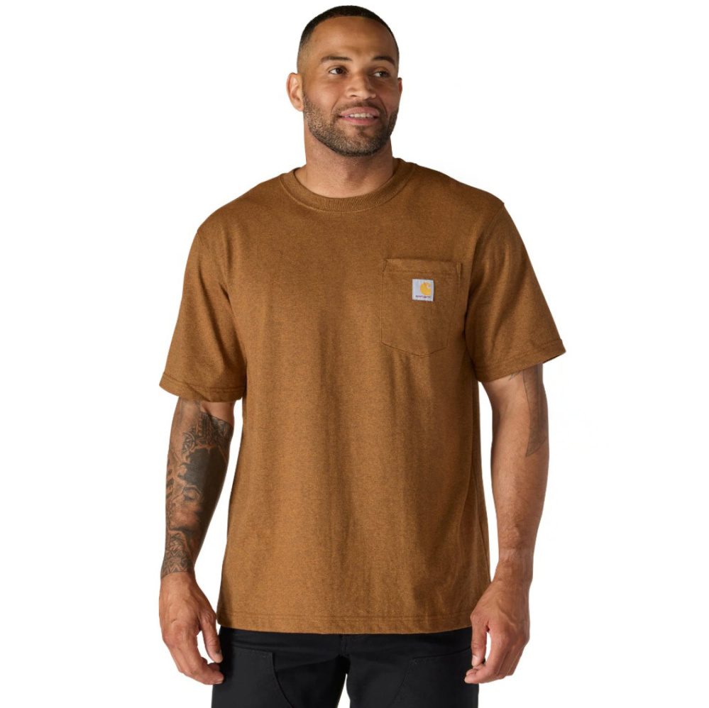 szczegóły CARHARTT Pocket brązowy męski t shirt bawełniany, luźny nowoczesny krój, kultowa