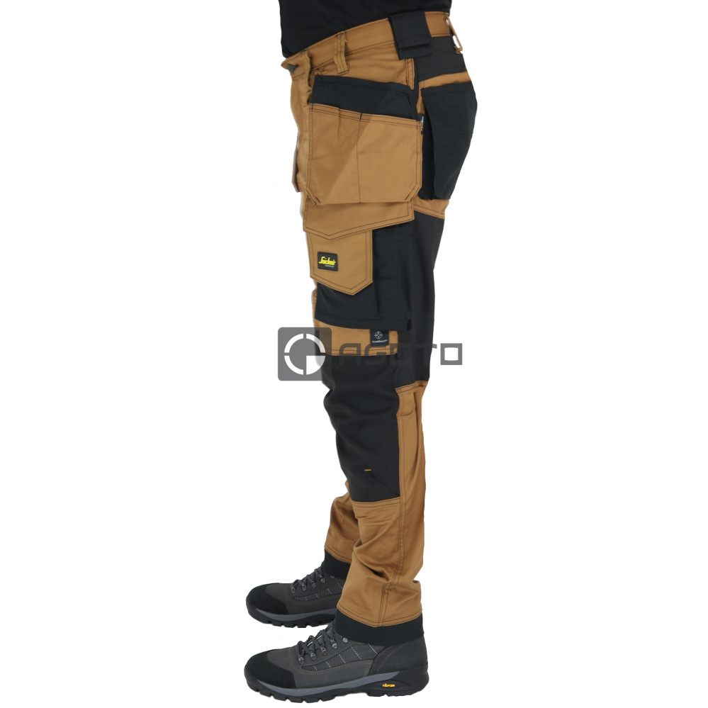 szczegóły SNICKERS Allround Stretch Slim brązowe męskie profesjonalne spodnie robocze z ki